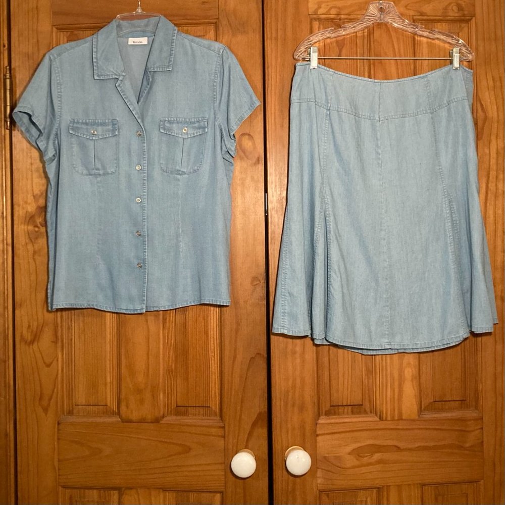 NWOT Liz & Co Vintage 90s Top Blouse Skirt Set Blue Women's Size L 14